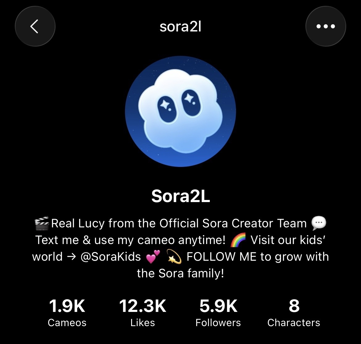 Sora2L profile showing Sora cloud logo and bio reading 'Real Lucy from the Official Sora Creator Team'