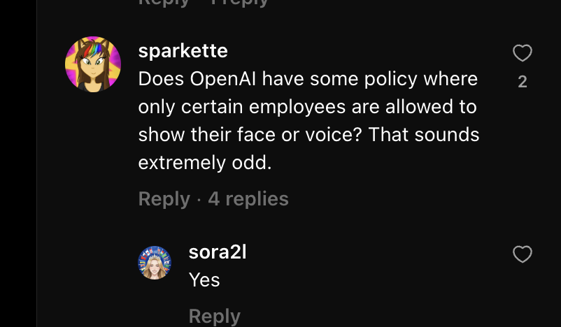 Comment where user asks about OpenAI employee policy and Sora2L responds 'Yes'