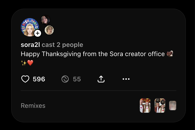 Post caption reading 'Happy Thanksgiving from the Sora creator office' with 596 likes